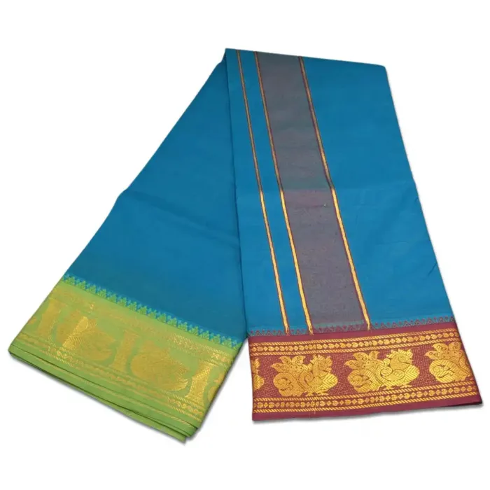 Peacock Neck Color Premium Cotton 5 Inch Designed Border Dhoti - Image 2