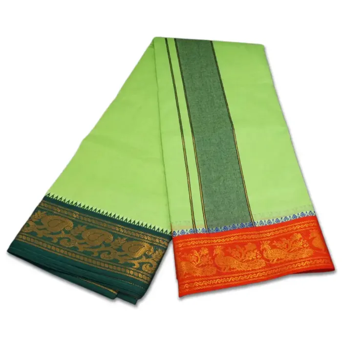 Parrot Green Color Premium Cotton 5 Inch Designed Border Dhoti - Image 2