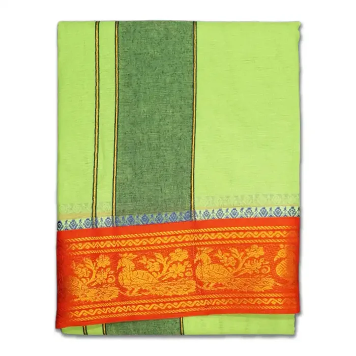 Parrot Green Color Premium Cotton 5 Inch Designed Border Dhoti - Image 1