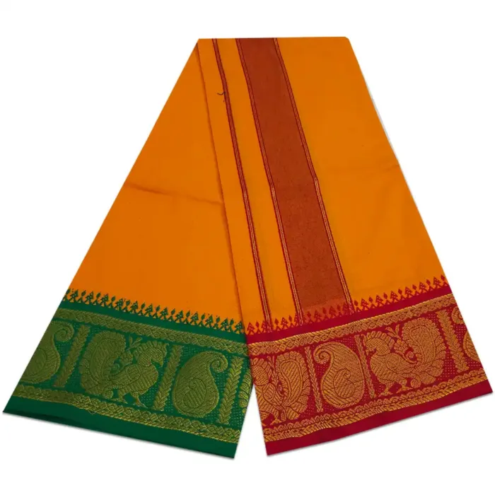 Golden Mango Color Cotton Jaquad 2 Meter Dhoti/Lungi - Image 2