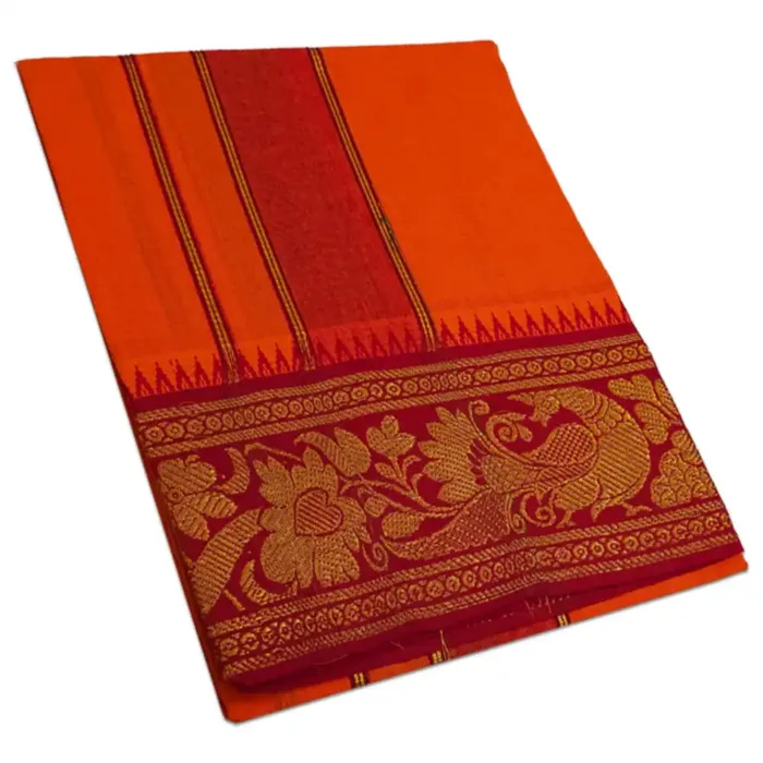 Orange Color Cotton Jaquad 2 Meter Dhoti/Lungi - Image 1