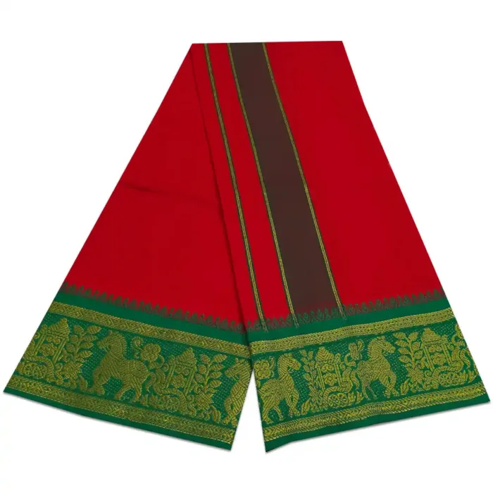 Red Color Cotton Jaquad 2 Meter Dhoti/Lungi - Image 2