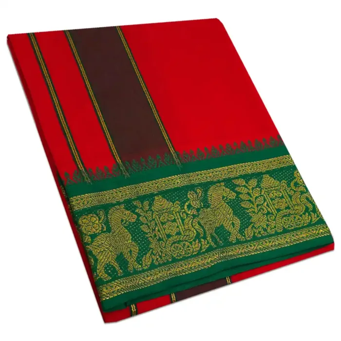 Red Color Cotton Jaquad 2 Meter Dhoti/Lungi - Image 1