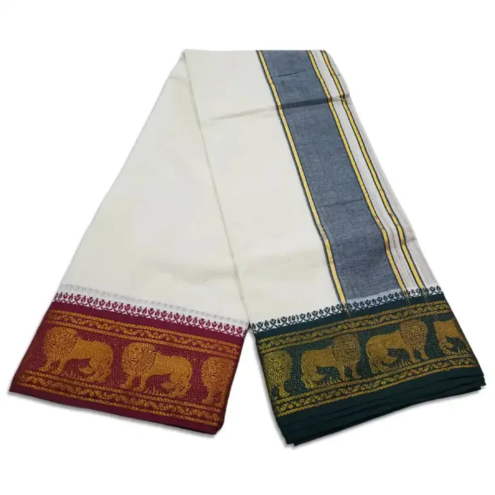 Lion Designed 5 Inch Border Half White Dhoti - Image 2