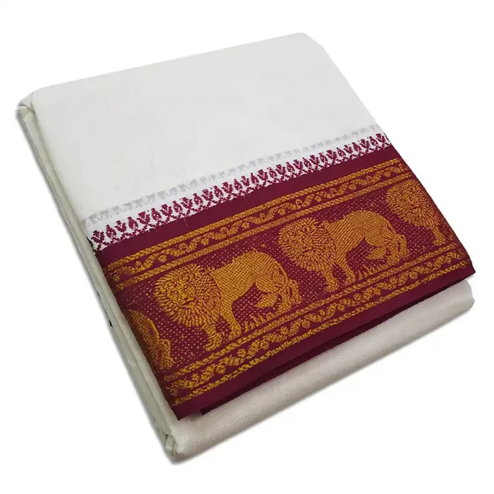 Lion Designed 5 Inch Border Half White Dhoti - Image 1