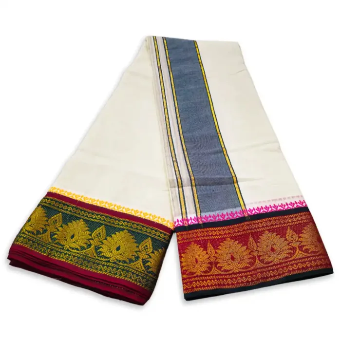 Flower Designed 5 Inch Border Half White Dhoti - Image 3