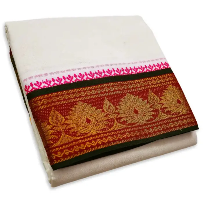 Flower Designed 5 Inch Border Half White Dhoti - Image 1