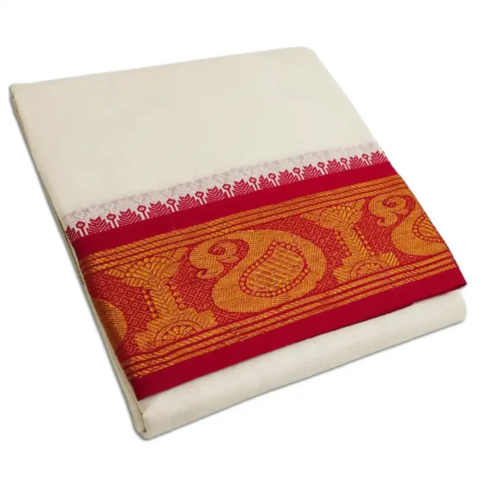 Peacock Flower Designed 5 Inch Border Half White Dhoti - Image 1