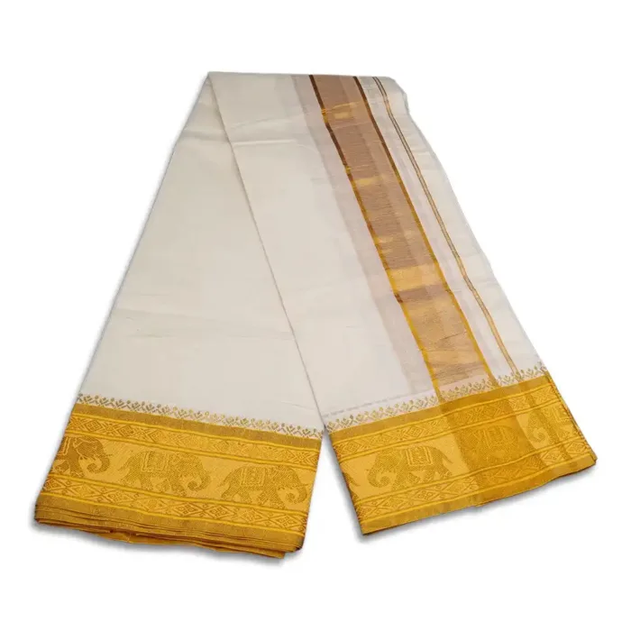 Tissue Peacock Designed 5 Inch Border Half White Dhoti - Image 3