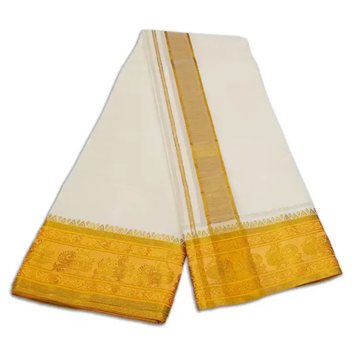Tissue Peacock Designed 5 Inch Border Half White Dhoti - Image 2
