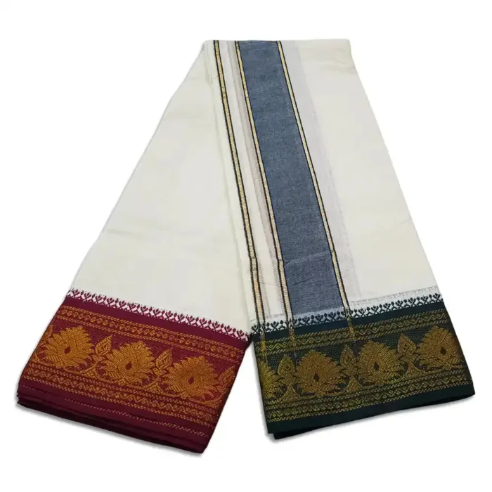 Flower Designed 5 Inch Border Half White Dhoti - Image 2