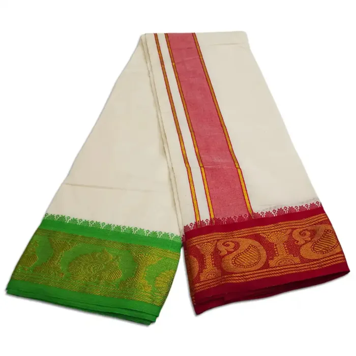 Peacock Flower Designed 5 Inch Border Half White Dhoti - Image 2