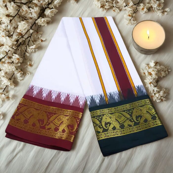 White Color Karishma Soft Silk 7 Inch Border Fine Quality Dhoti - Image 2