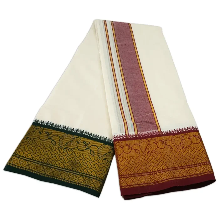 Fancy Peacock Designed 7 Inch Border Half White Dhoti - Image 2