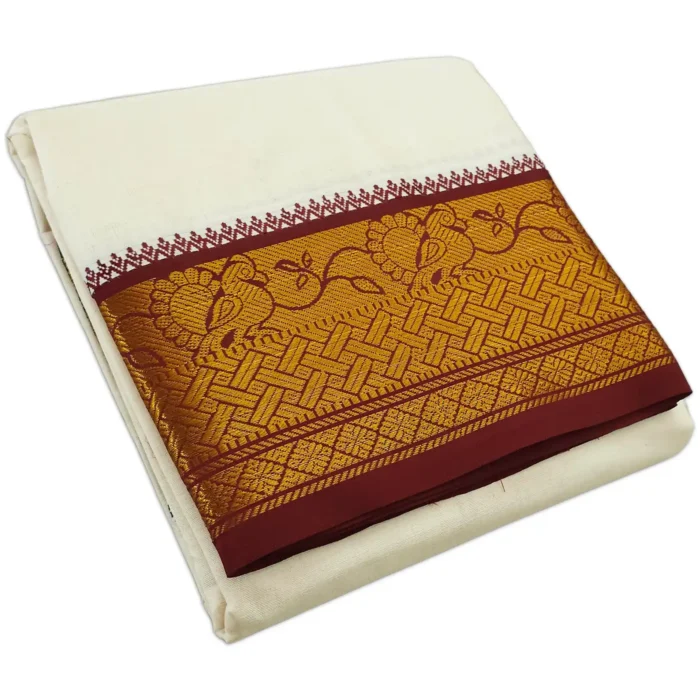 Fancy Peacock Designed 7 Inch Border Half White Dhoti - Image 1
