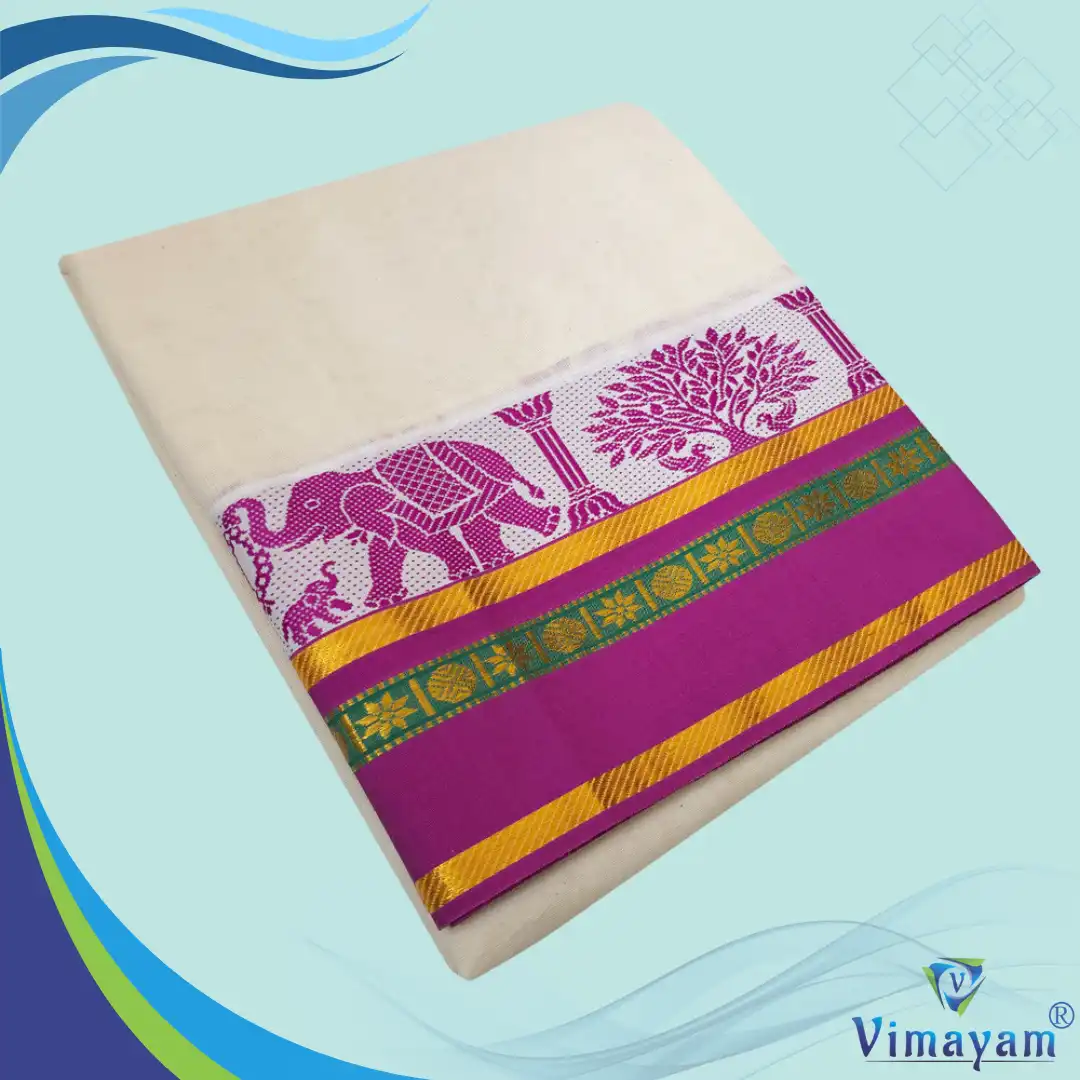 7 Shot Design5 Temple Border Half White Premium Quality Dhoti - Image 1