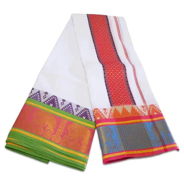 Elephant Deisgned 7" Border Self White Dhoti 9X5 - Image 2