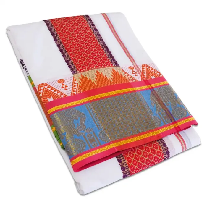 Elephant Deisgned 7" Border Self White Dhoti 9X5 - Image 1