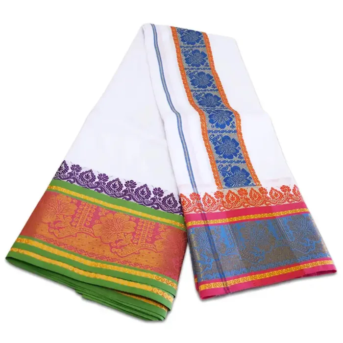 Flower Deisgned 7" Border Self White Dhoti 9X5 - Image 2
