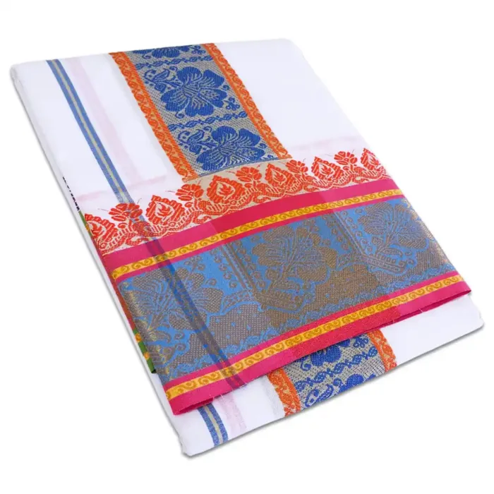 Flower Deisgned 7" Border Self White Dhoti 9X5 - Image 1