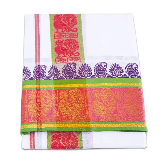 Peacock Deisgned 7" Border Self White Dhoti 9X5 - Image 2