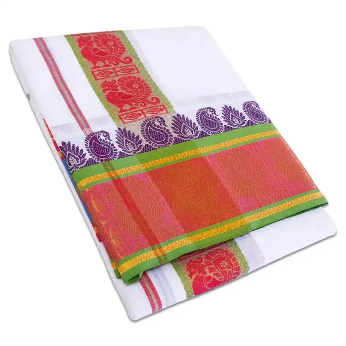 Peacock Deisgned 7" Border Self White Dhoti 9X5 - Image 1