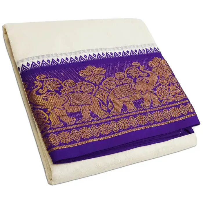 Elephant Designed 7 Inch Border Half White Dhoti - Image 1