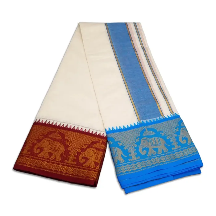 Elephant Designed 7 Inch Border Half White Dhoti - Image 2