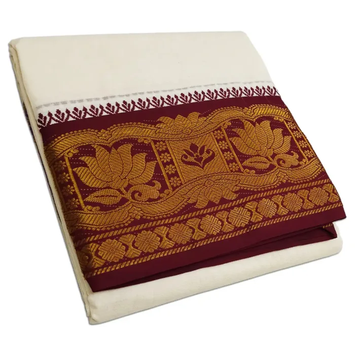 Lotus Designed 7 Inch Border Half White Dhoti - Image 1