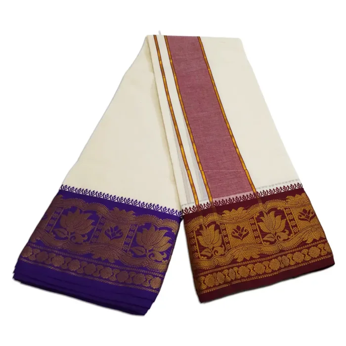 Lotus Designed 7 Inch Border Half White Dhoti - Image 2