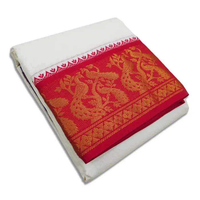 Double Peacock Designed 7 Inch Border Half White Dhoti - Image 1