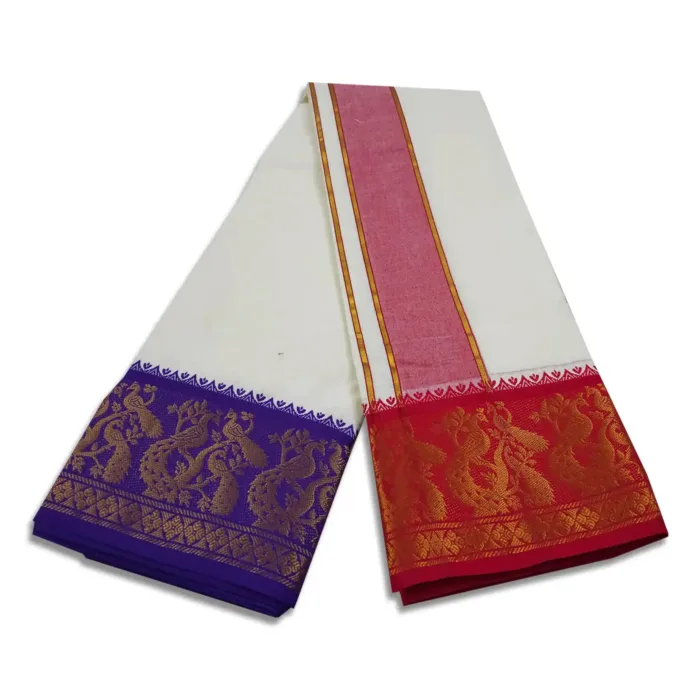 Double Peacock Designed 7 Inch Border Half White Dhoti - Image 2