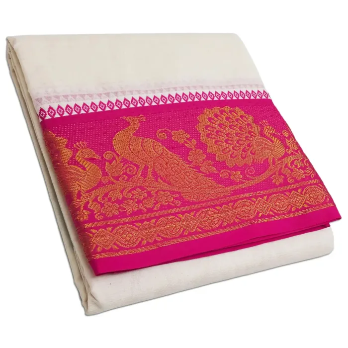Peacock Designed 7 Inch Border Half White Dhoti - Image 1