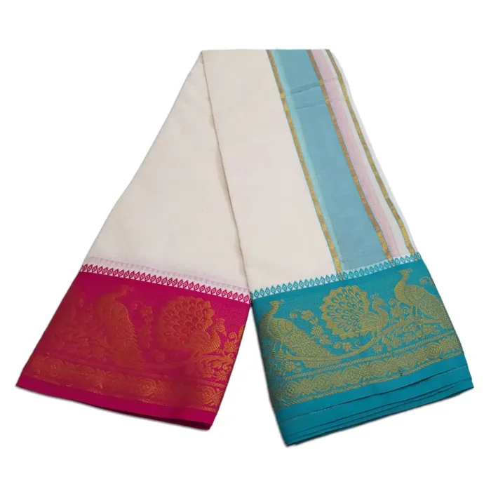 Peacock Designed 7 Inch Border Half White Dhoti - Image 2