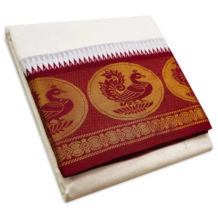 Fancy Annam Designed 7 Inch Border Half White Dhoti - Image 1