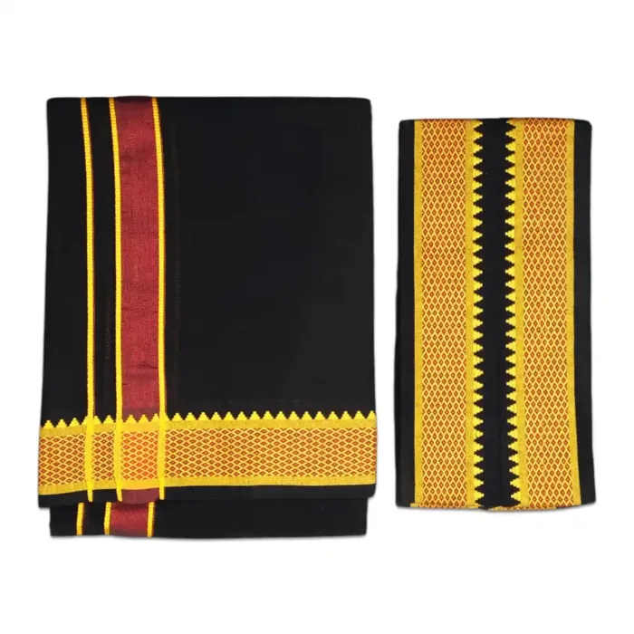 Black Color Mayilkan Cotton Lungi/Dhoti + Towel Combo - Image 1