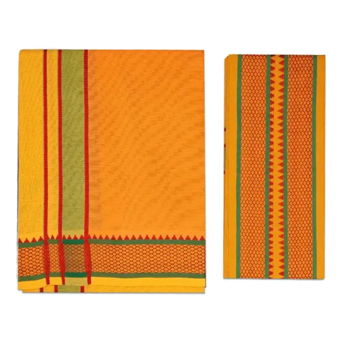 Golden Mango Color Mayilkan Cotton Lungi/Dhoti + Towel Combo - Image 1