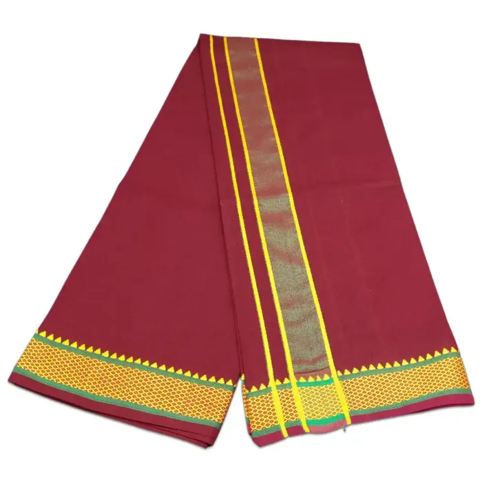 Maroon Color Mayilkan Cotton Lungi/Dhoti + Towel Combo - Image 2