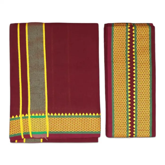 Maroon Color Mayilkan Cotton Lungi/Dhoti + Towel Combo - Image 1