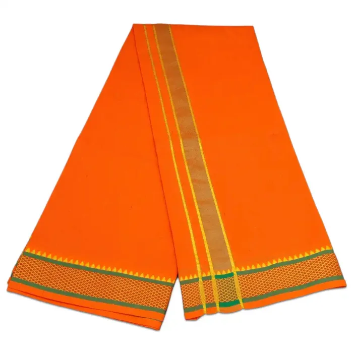 Orange Color Mayilkan Cotton Lungi/Dhoti + Towel Combo - Image 2