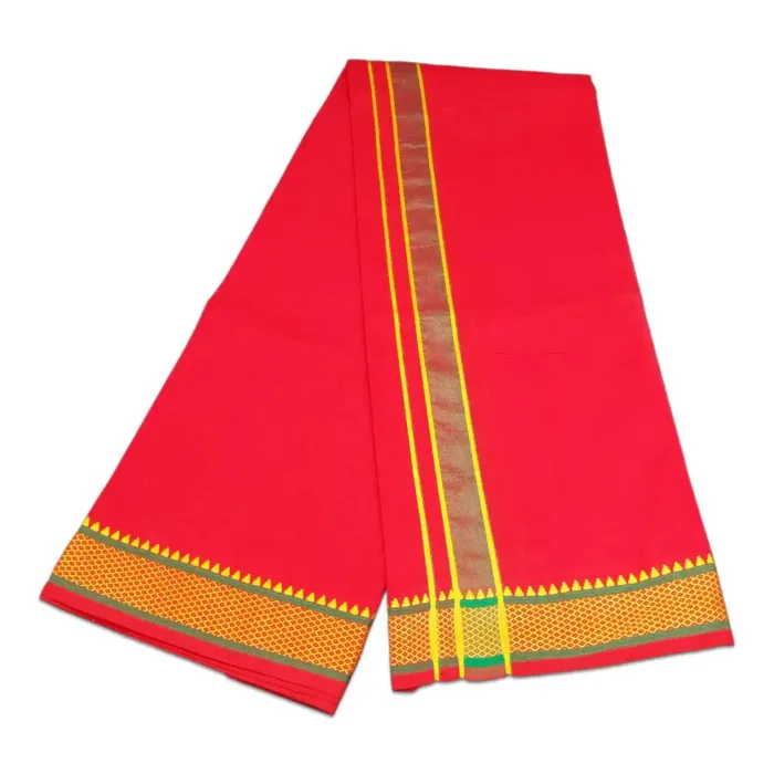 Red Color Mayilkan Cotton Lungi/Dhoti + Towel Combo - Image 2