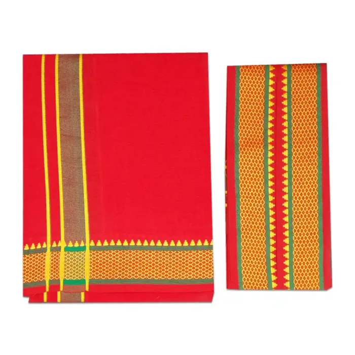Red Color Mayilkan Cotton Lungi/Dhoti + Towel Combo - Image 1