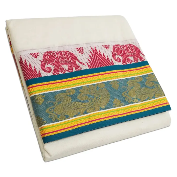 Fancy Elephant Designed 7 Inch Border Half White Dhoti - Image 1