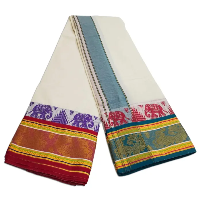Fancy Elephant Designed 7 Inch Border Half White Dhoti - Image 2