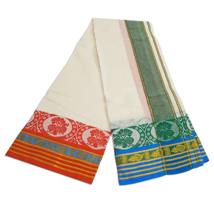 Fancy Peacock Designed 7 Inch Border Half White Dhoti - Image 2