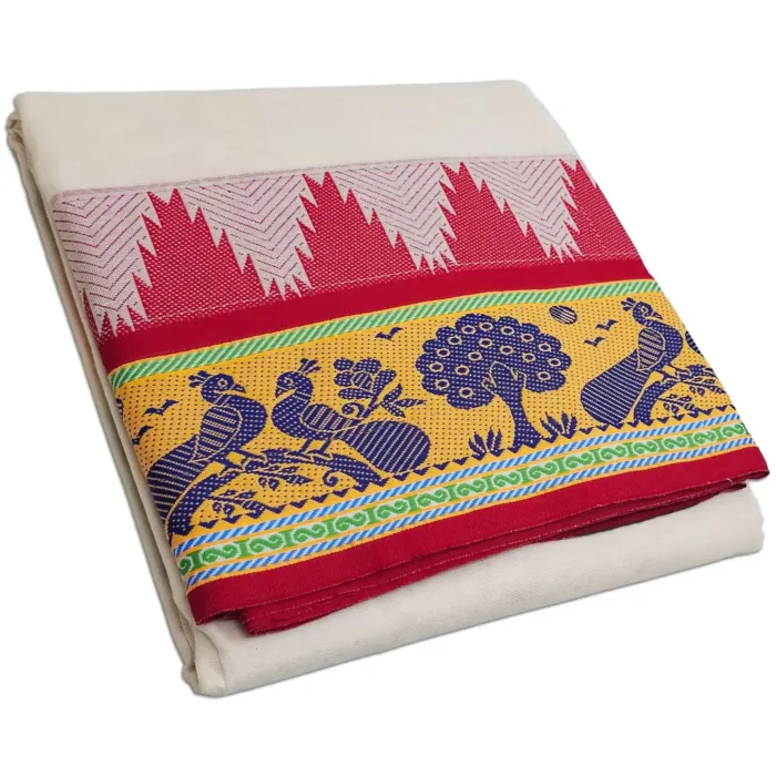 Fancy Peacock Designed 7 Inch Border Half White Dhoti - Image 1