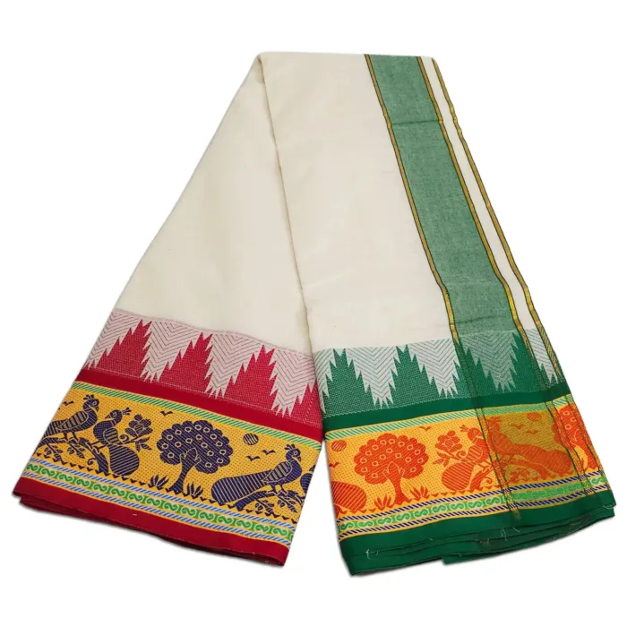 Fancy Peacock Designed 7 Inch Border Half White Dhoti - Image 2