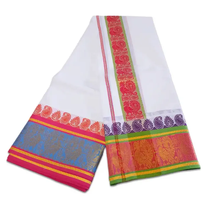 Peacock Deisgned 7" Border Self White Dhoti 9X5 - Image 3