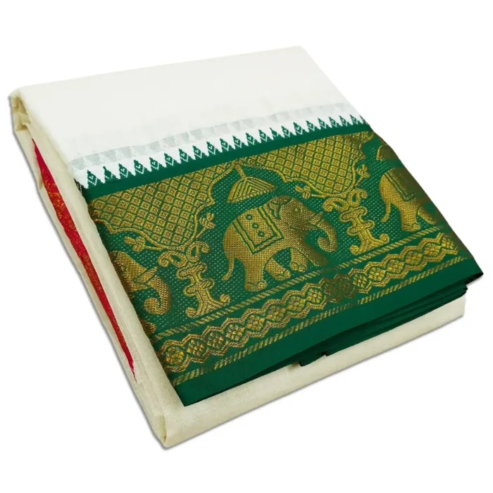 Elephant Designed 7 Inch Border Half White Dhoti - Image 1
