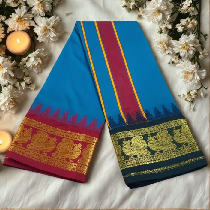Peacock Blue Color Karishma Soft Silk 7 Inch Border Fine Quality Dhoti - Image 2